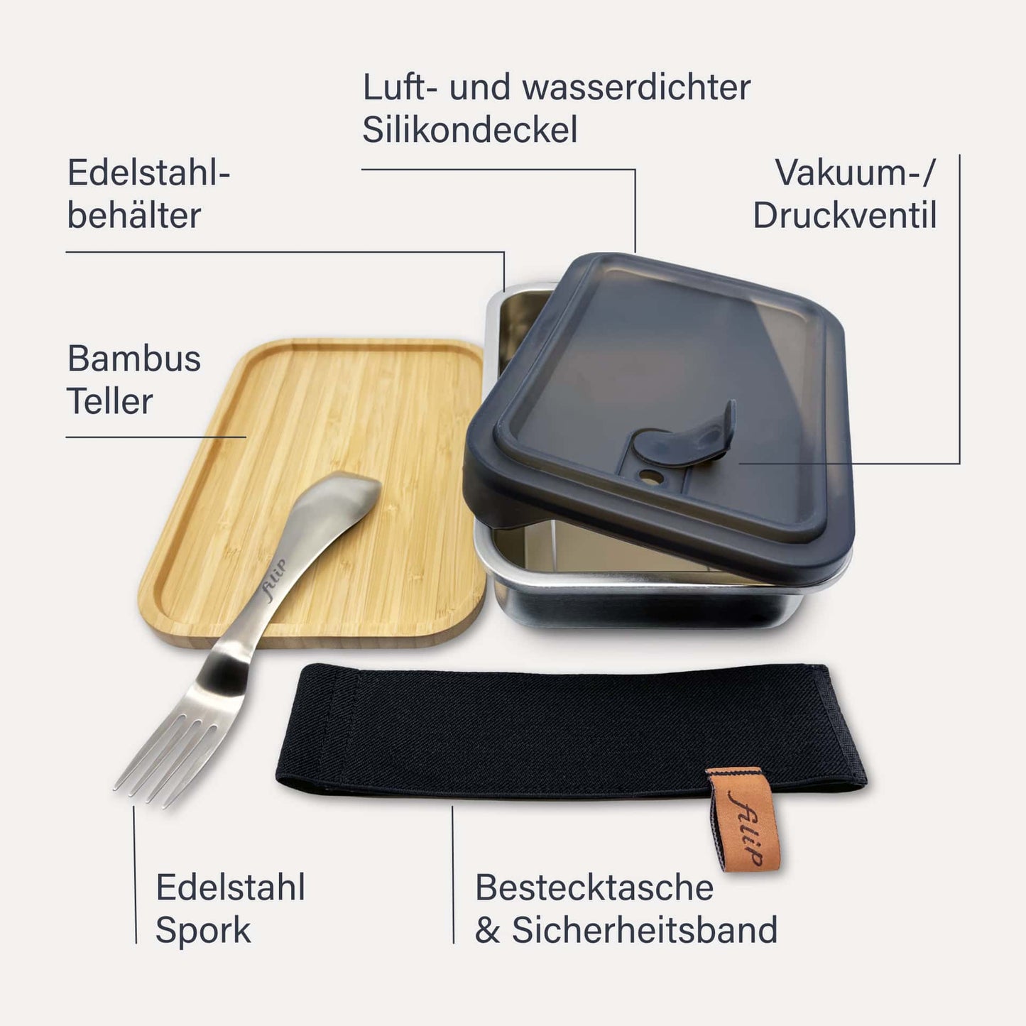 Lunchbox filip® Nr. 01 mit Bambusteller, Bestecktasche und Spork